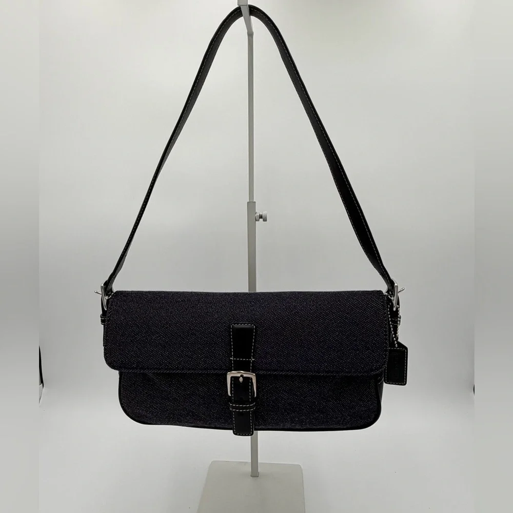 Vintage Coach E0J-7763 Black Denim Wool Flap Shoulder Bag Y2K Baguette Buckle